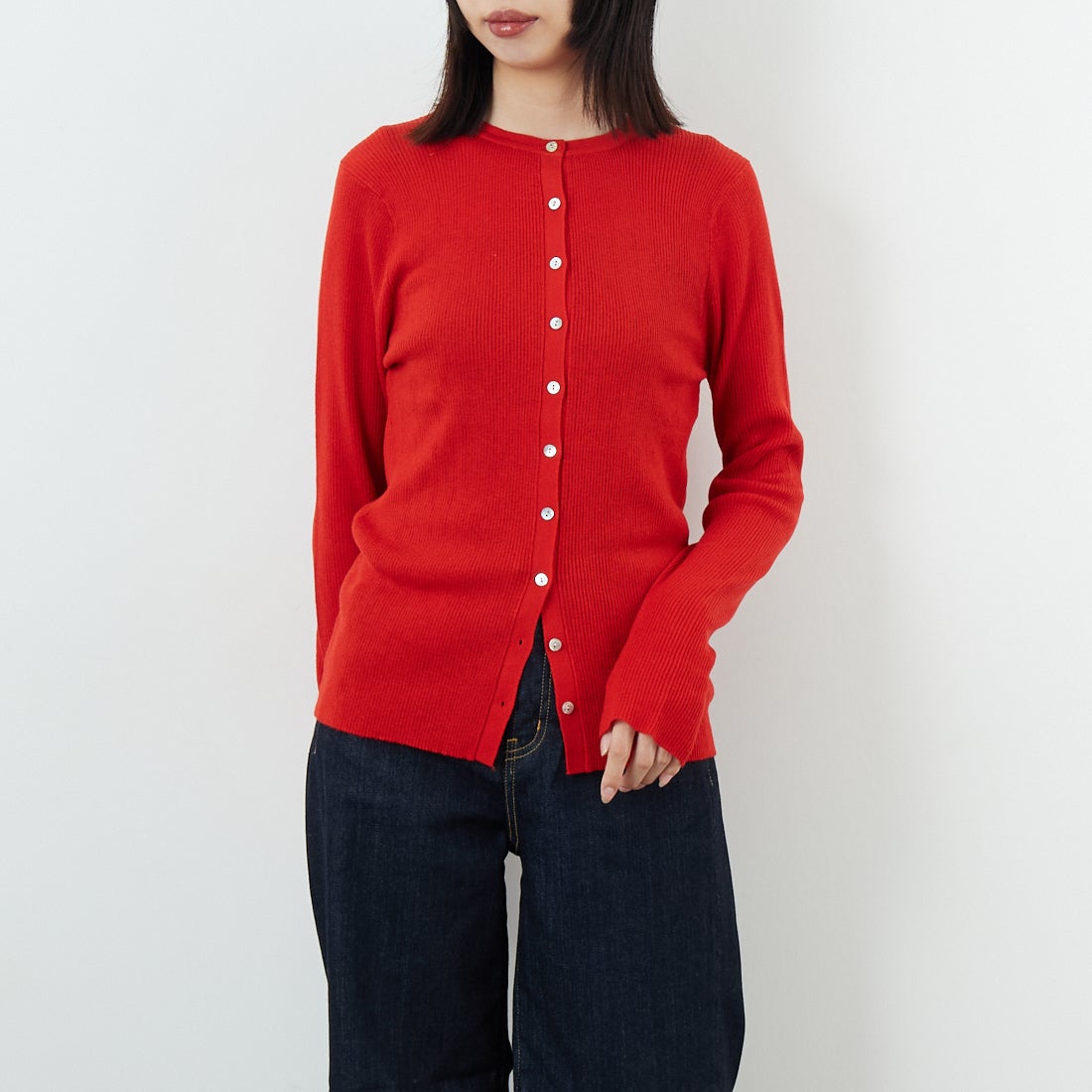 USINE [ユジーヌ] リブニットカーディガン [11256842] ﾚｯﾄﾞ &&モデル身長：162cm 着用サイズ：36&&