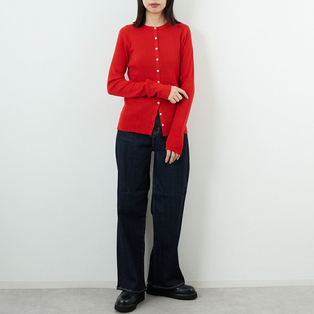 USINE [ユジーヌ] リブニットカーディガン [11256842] ﾚｯﾄﾞ &&モデル身長：162cm 着用サイズ：36&&