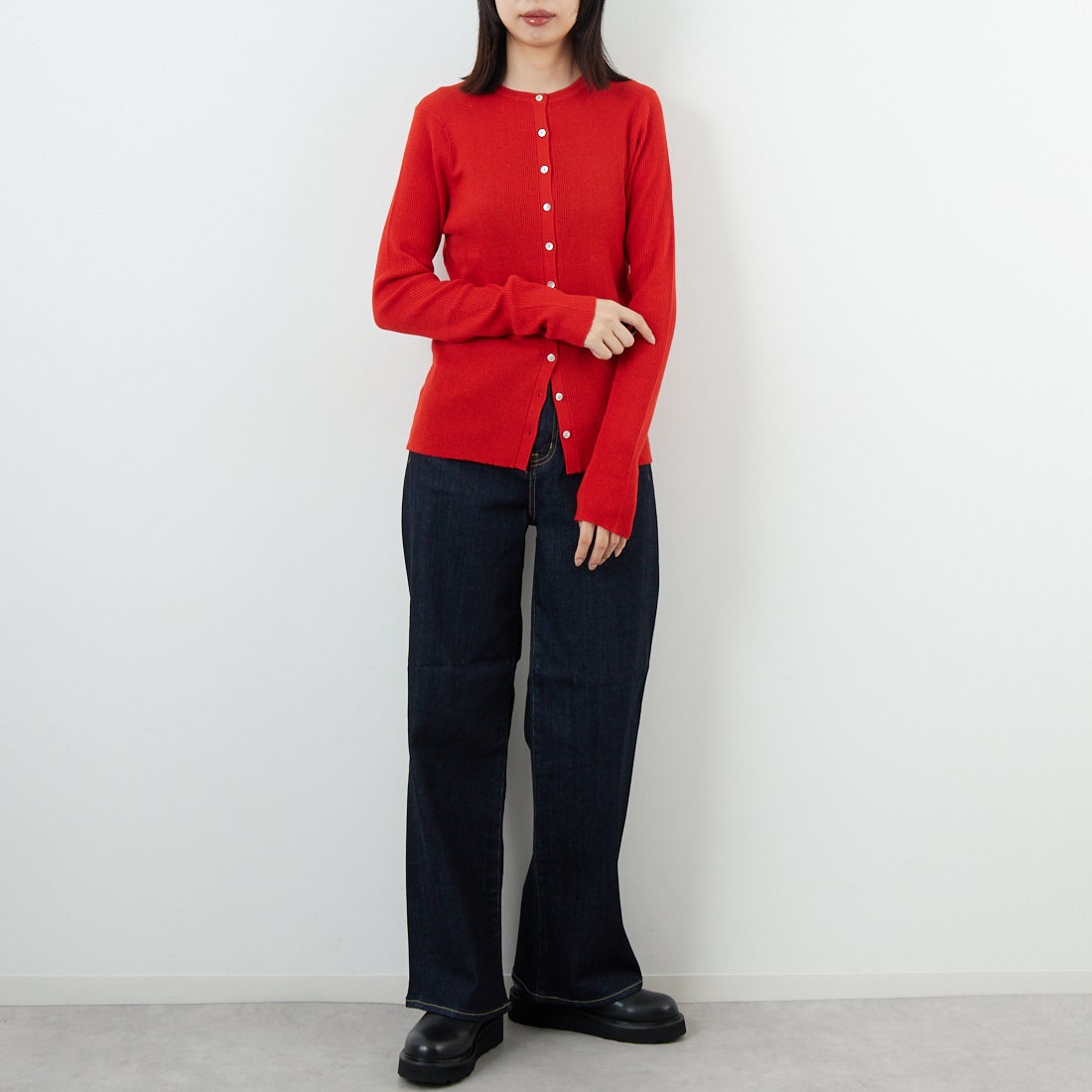 USINE [ユジーヌ] リブニットカーディガン [11256842] ﾚｯﾄﾞ &&モデル身長：162cm 着用サイズ：36&&