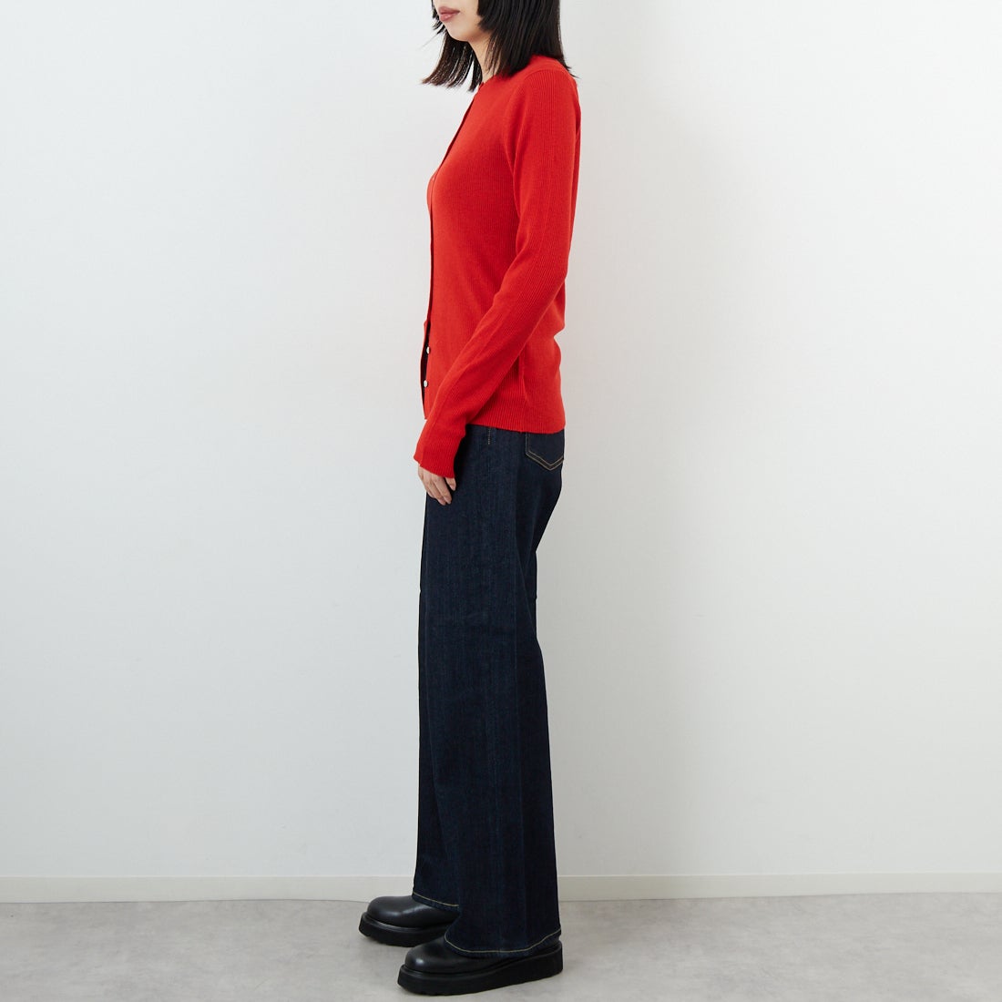 USINE [ユジーヌ] リブニットカーディガン [11256842] ﾚｯﾄﾞ &&モデル身長：162cm 着用サイズ：36&&