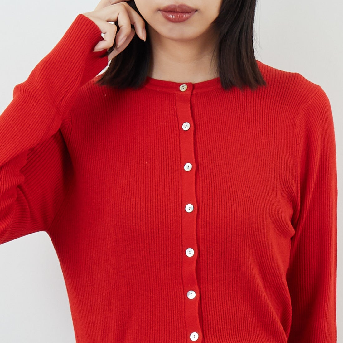 USINE [ユジーヌ] リブニットカーディガン [11256842] ﾚｯﾄﾞ &&モデル身長：162cm 着用サイズ：36&&