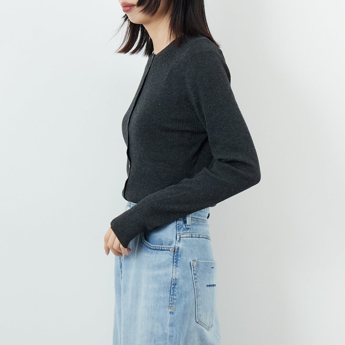 USINE [ユジーヌ] リブニットカーディガン [11256842] ﾁｬｺｰﾙ &&モデル身長：162cm 着用サイズ：36&&