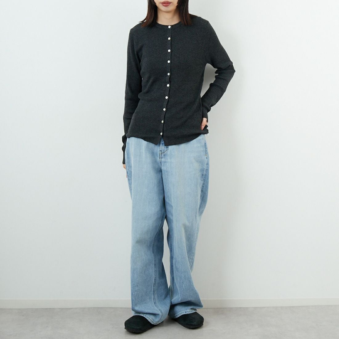 USINE [ユジーヌ] リブニットカーディガン [11256842] ﾁｬｺｰﾙ &&モデル身長：162cm 着用サイズ：36&&