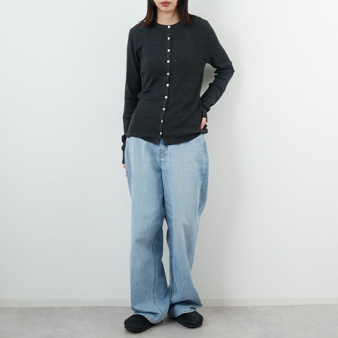 USINE [ユジーヌ] リブニットカーディガン [11256842] ﾁｬｺｰﾙ &&モデル身長：162cm 着用サイズ：36&&