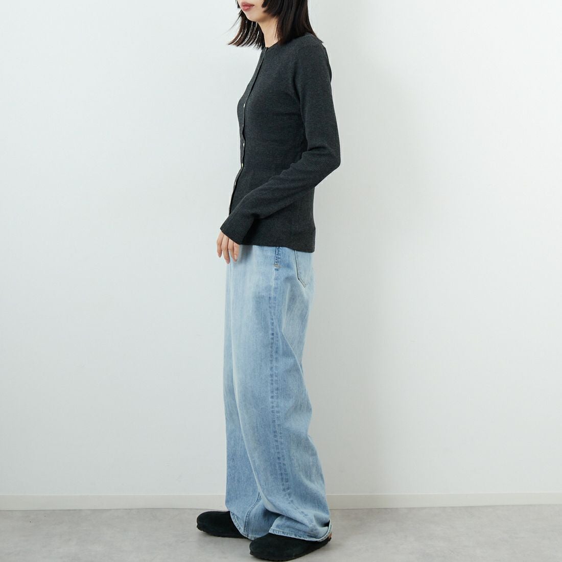 USINE [ユジーヌ] リブニットカーディガン [11256842] ﾁｬｺｰﾙ &&モデル身長：162cm 着用サイズ：36&&