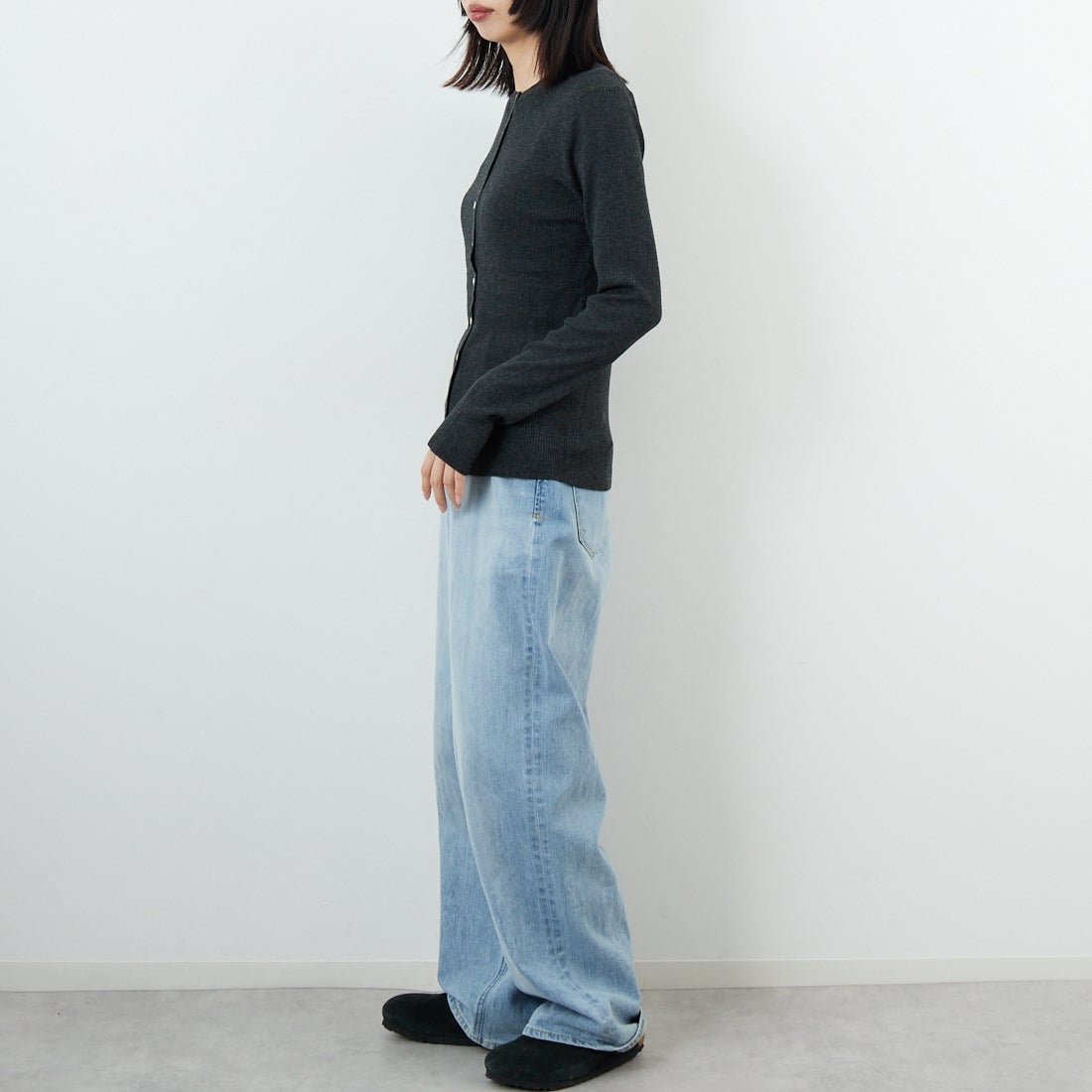 USINE [ユジーヌ] リブニットカーディガン [11256842] ﾁｬｺｰﾙ &&モデル身長：162cm 着用サイズ：36&&