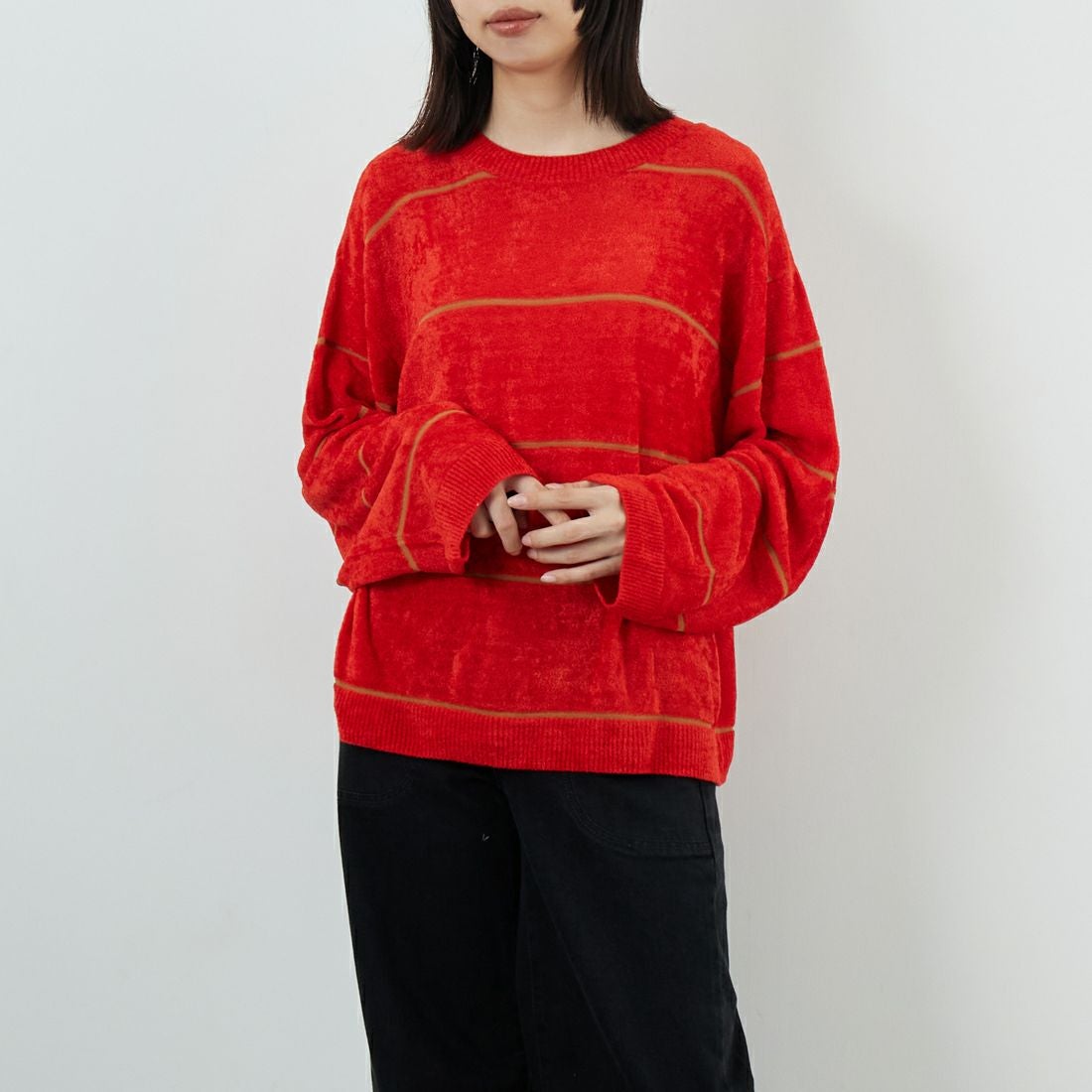 WHYTO. [ホワイト] ワイドボーダーニット [WHT25FKN4034] RED &&モデル身長：162cm 着用サイズ：F&&