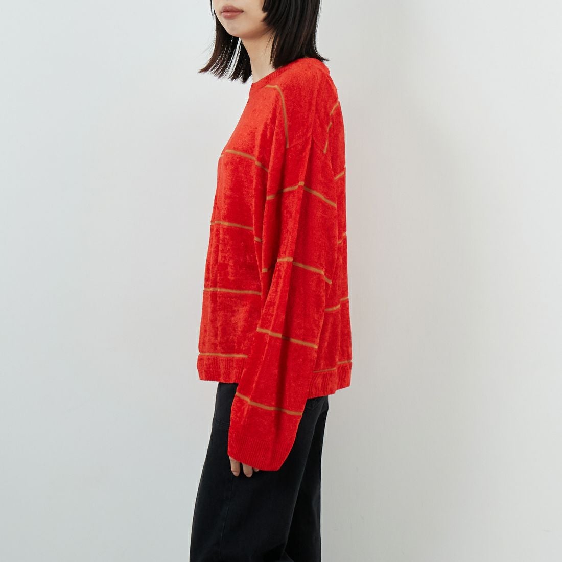 WHYTO. [ホワイト] ワイドボーダーニット [WHT25FKN4034] RED &&モデル身長：162cm 着用サイズ：F&&