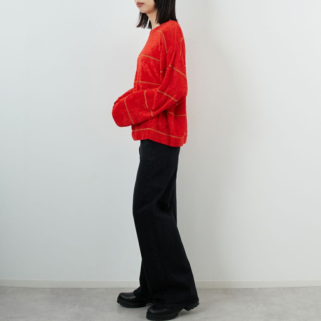 WHYTO. [ホワイト] ワイドボーダーニット [WHT25FKN4034] RED &&モデル身長：162cm 着用サイズ：F&&