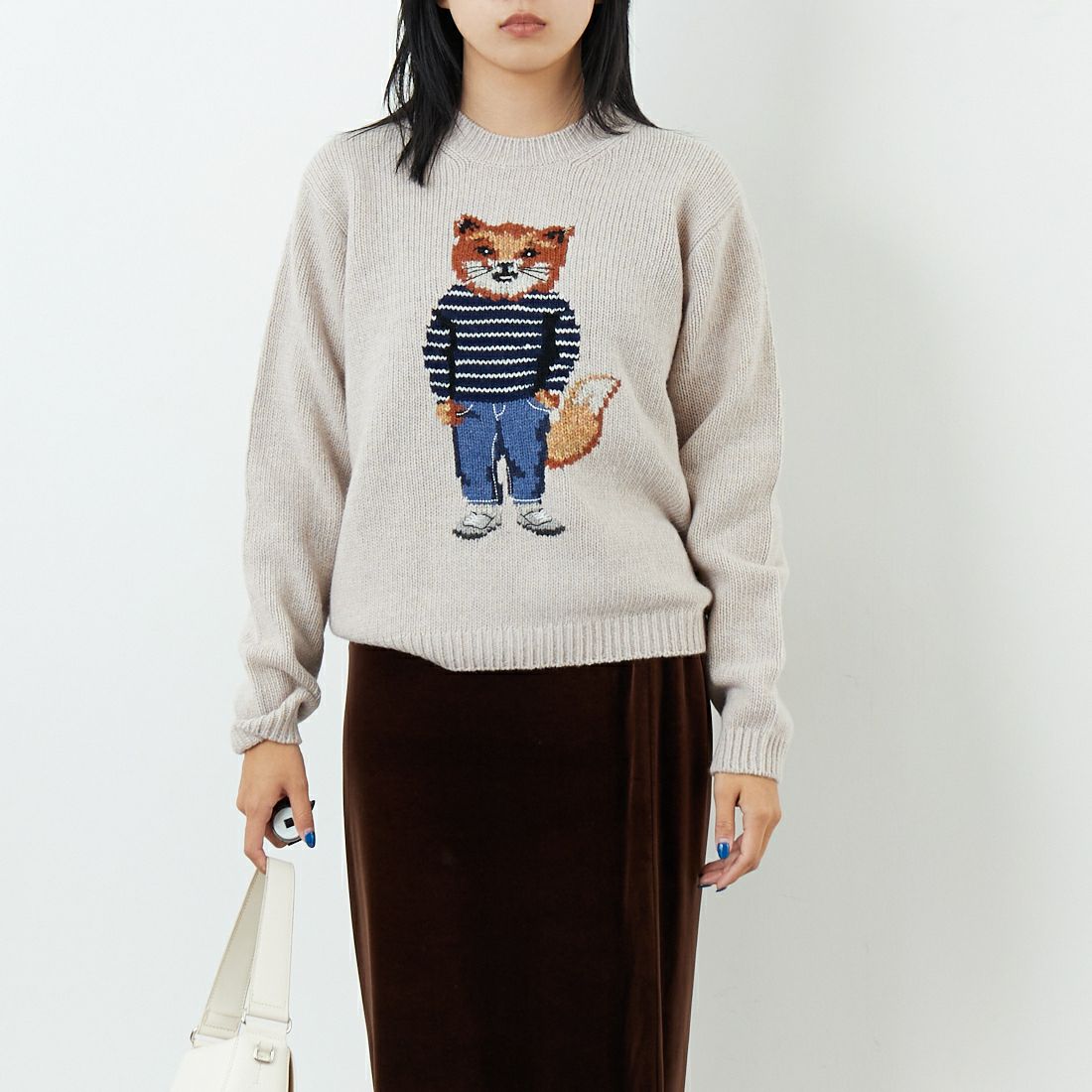 MAISON KITSUNE [メゾン キツネ] ドレスドフォックス インターシャウールジャンパー [PW00812KH0002] 0382 P.WHI &&モデル身長：167cm 着用サイズ：S&&