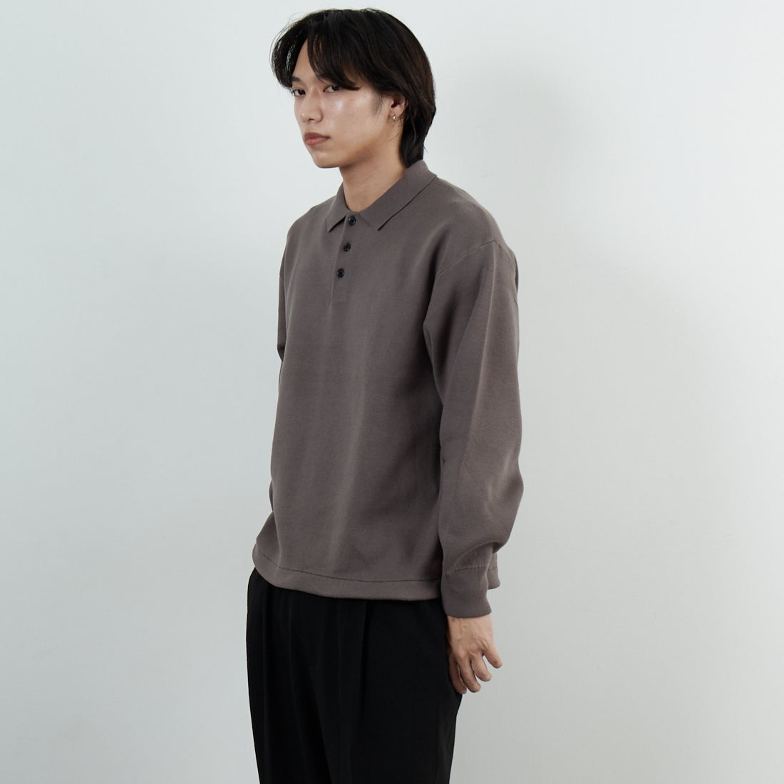 SLICK [スリック] スウェットライク ドローストリングポロニット [5151028] 500 BROWN &&モデル身長：179cm 着用サイズ：1&&
