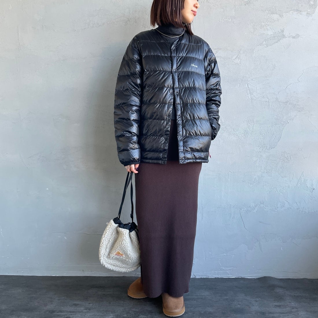 NANGA [ナンガ] 7デイズインナーダウンカーディガン [N2530-0I061A] BLK &&モデル身長：159cm 着用サイズ：S&&