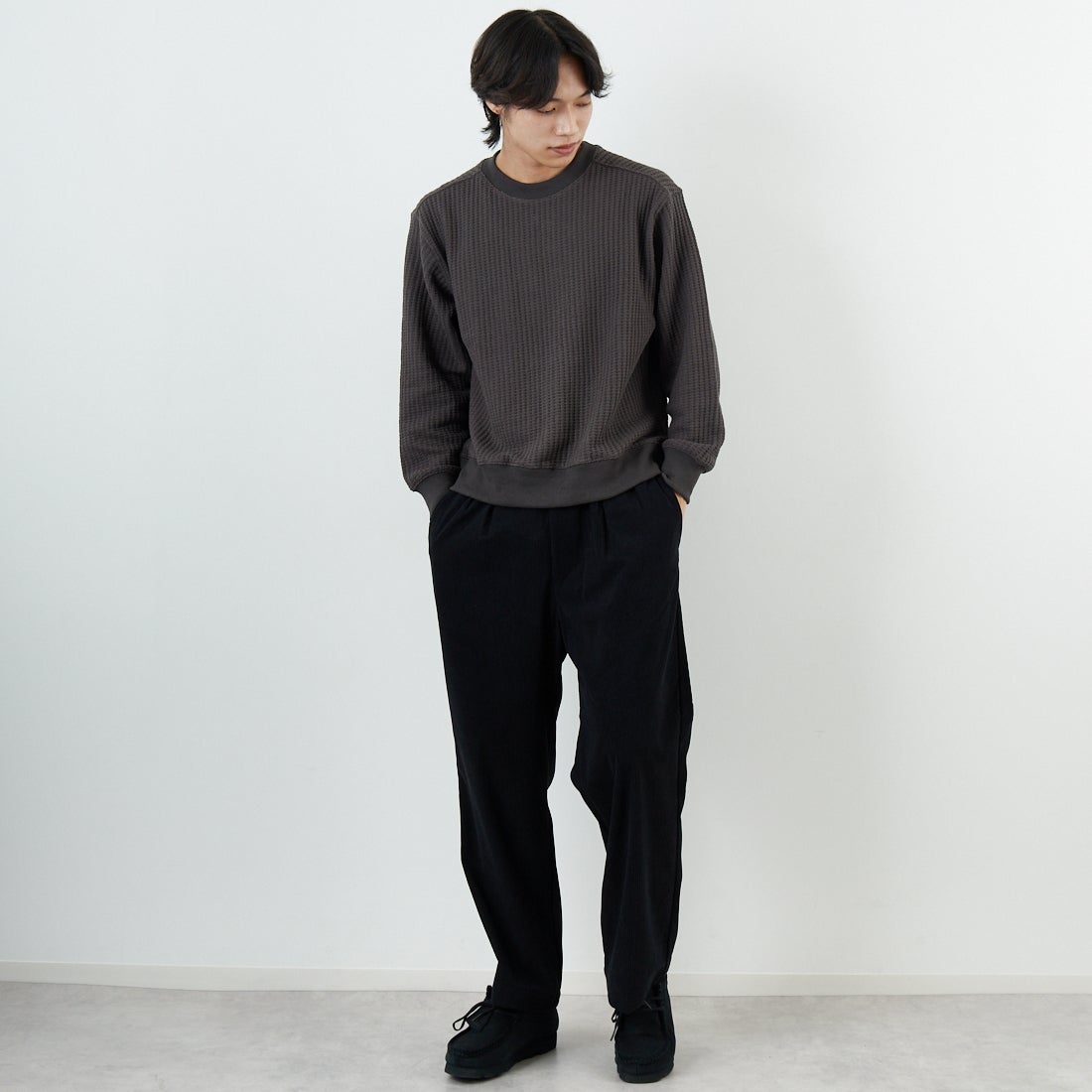 SLICK [スリック] ビッグワッフル クルーネックプルオーバー [5131014] 720 COAL B &&モデル身長：179cm 着用サイズ：1&&