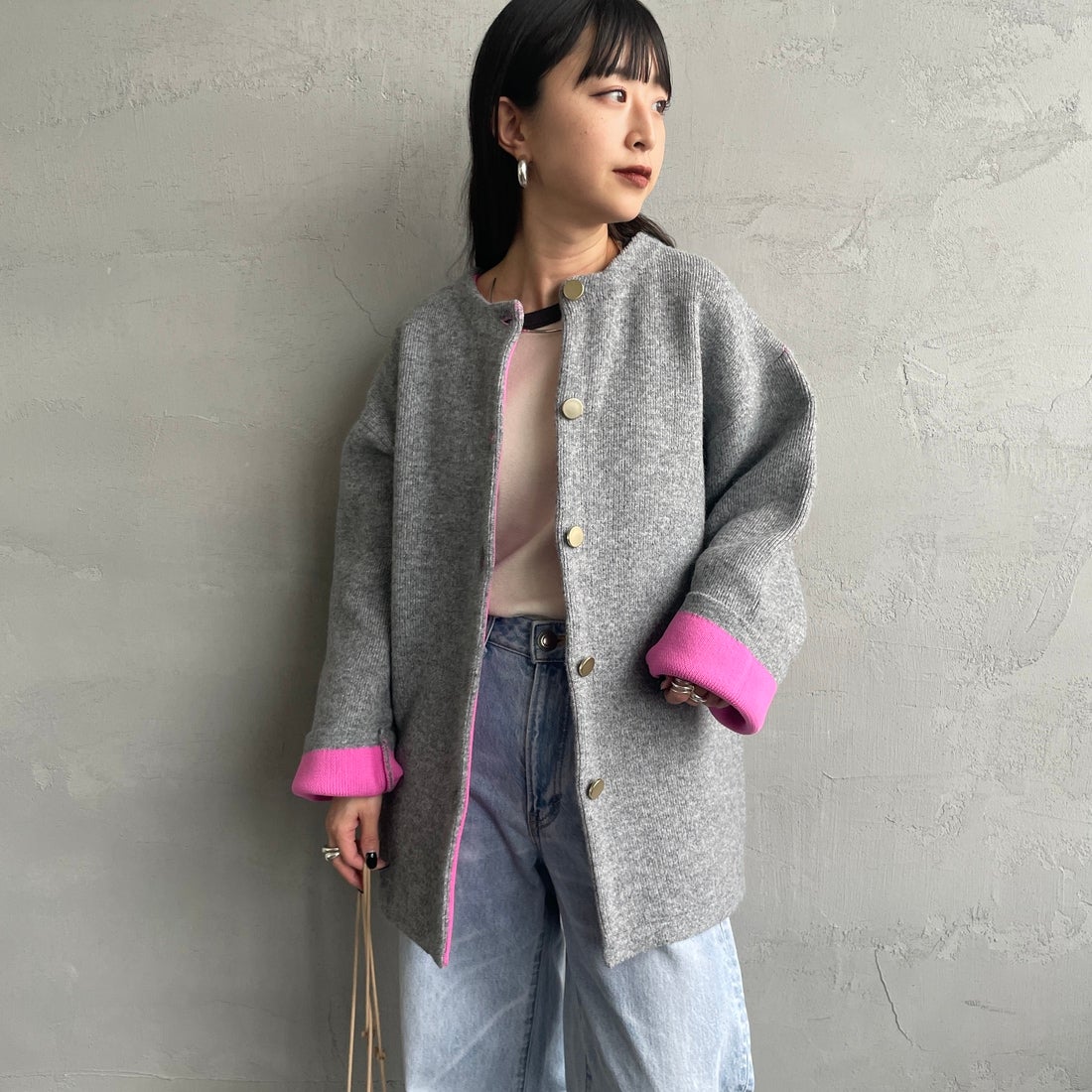 Maison de L'allure [メゾン ドゥ ラリュール] ダブルフェイスニットコート [M24131036] 08 CCL/PNK &&モデル身長：150cm 着用サイズ：F&&