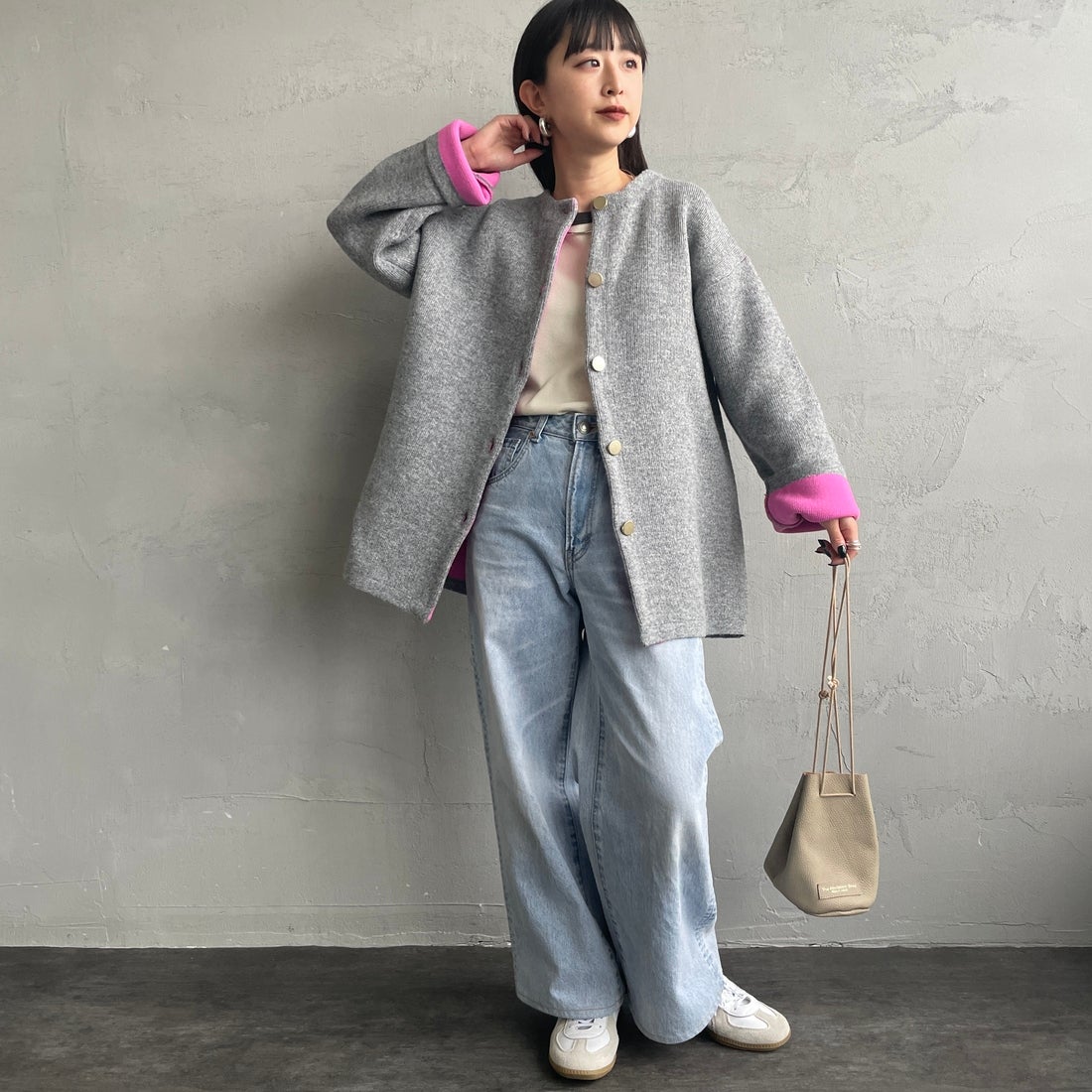 ♣未使用　ニットコート　アーガイル切り替え　袖刺繍　リボン　グレー バイカラー金釦起毛ニットコート[品番：GS000022515]｜Re:EDIT