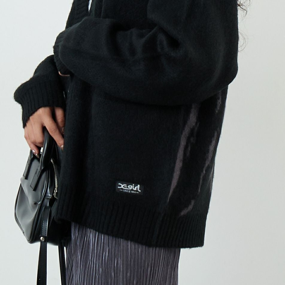 X-girl [エックスガール] フェイスジャガード ニットカーディガン [105253015006] BLACK &&モデル身長：162cm 着用サイズ：ONE SIZE&&