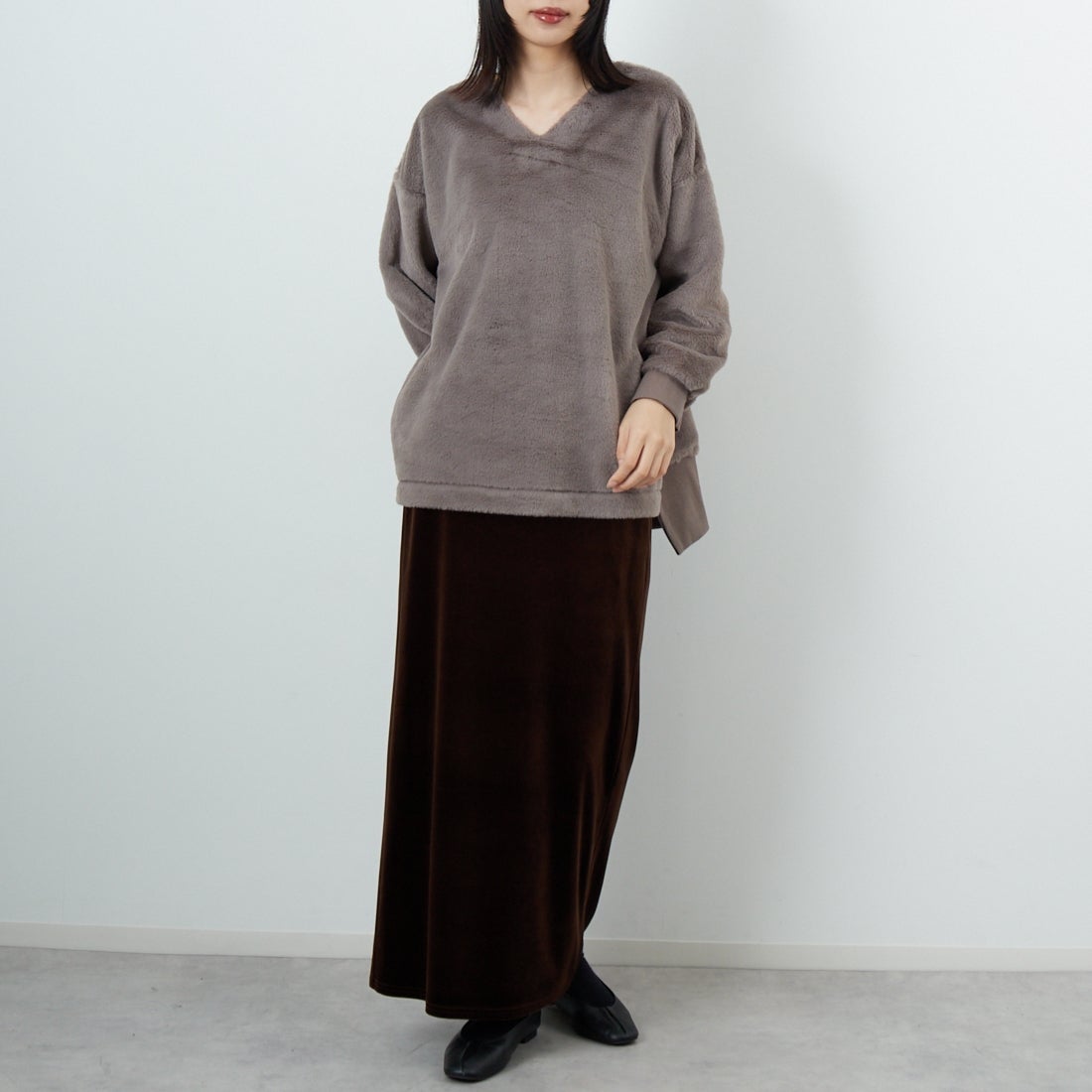 Jf Ready Made [ジェイエフレディメイド] カットファーVネックプルオーバー [3107106] 806 Mｸﾞﾚｲ &&モデル身長：162cm 着用サイズ：F&&