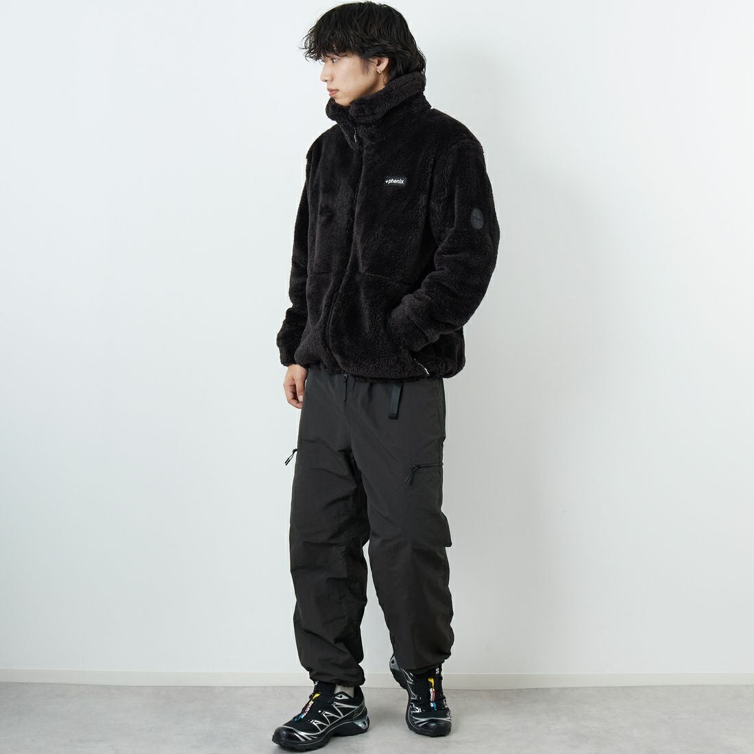 +phenix [プラスフェニックス] ボア フリースジャケット [POO-25083IN-JF] BLACK &&モデル身長：179cm 着用サイズ：XL&&