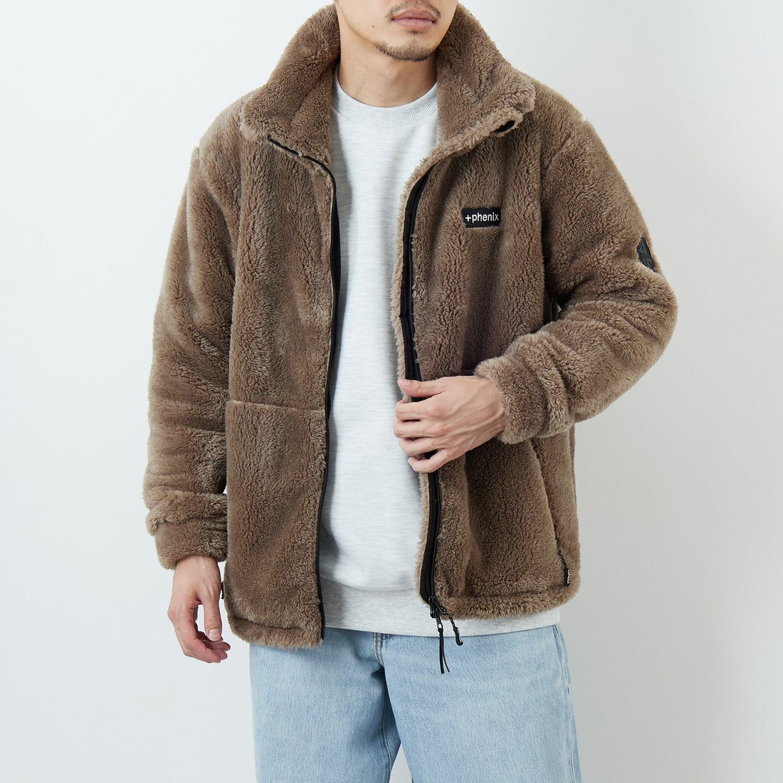 +phenix [プラスフェニックス] ボア フリースジャケット [POO-25083IN-JF] BEIGE &&モデル身長：168cm 着用サイズ：M&&