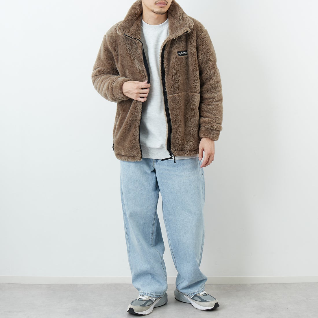 +phenix [プラスフェニックス] ボア フリースジャケット [POO-25083IN-JF] BEIGE &&モデル身長：168cm 着用サイズ：M&&