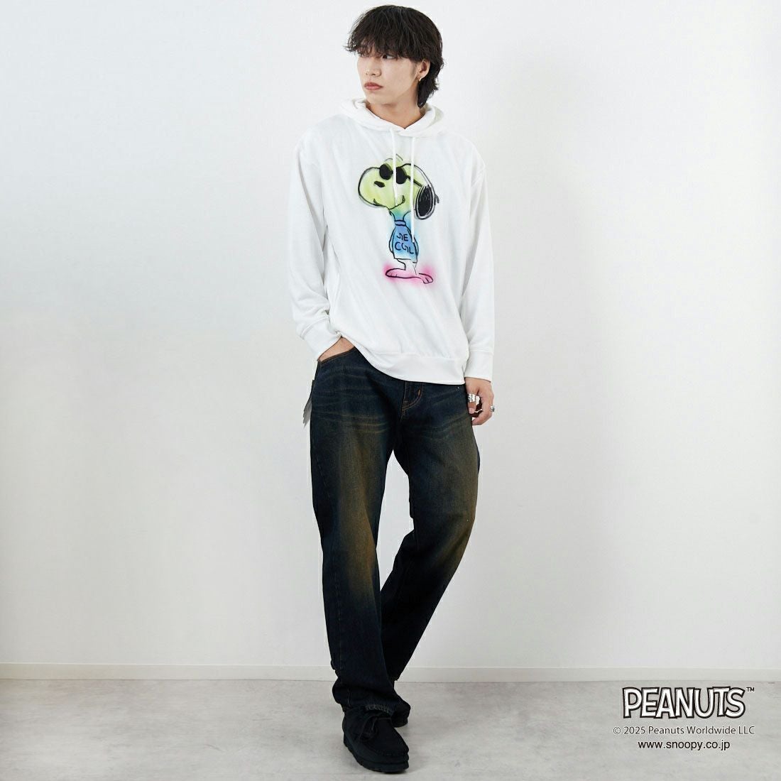 TRIPPY MIKIO ART [トリッピーミキオアート] SNOOPY ジョー・クール フーディ [TR-058] WHITE &&モデル身長：179cm 着用サイズ：M&&