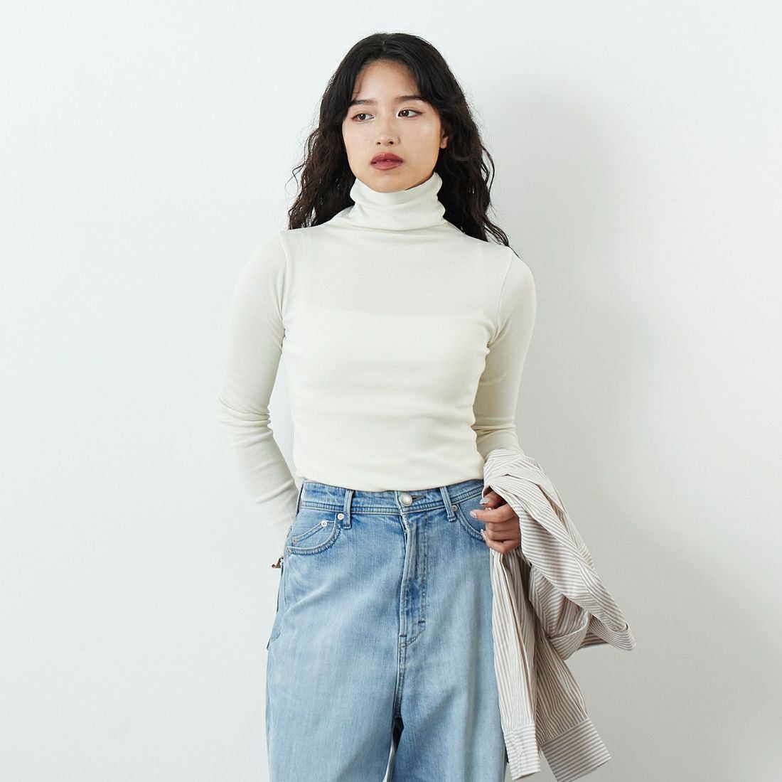 Jeans Factory Clothes [ジーンズファクトリークローズ] TCフライスボトルネックTシャツ [131824] 01 ｵﾌﾎﾜｲﾄ &&モデル身長：162cm 着用サイズ：F&&