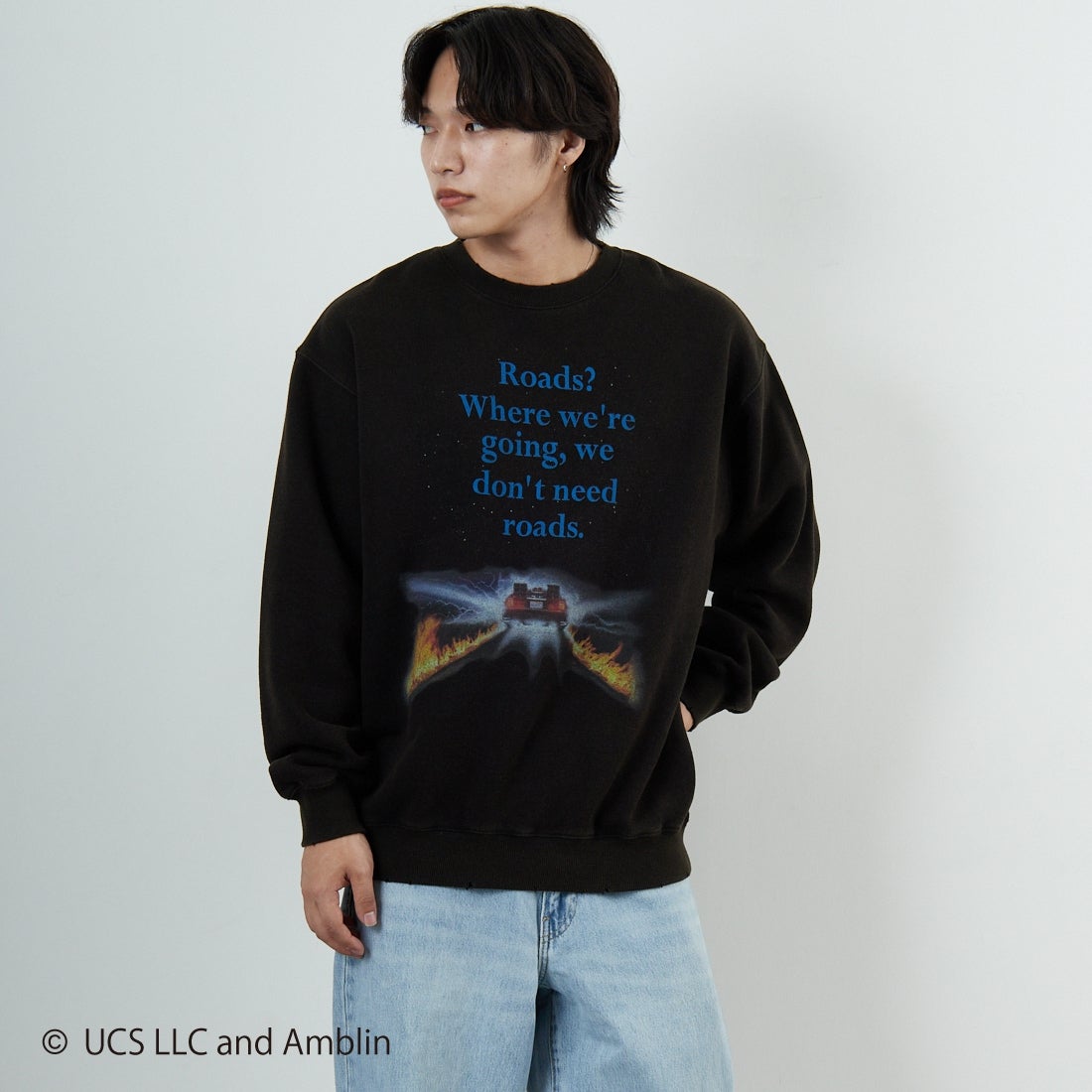 Jeans Factory Clothes [ジーンズファクトリークローズ] ムービーダメージスウェット / BACK TO THE FUTURE [JFC-254-092] BTTF &&モデル身長：179cm 着用サイズ：L&&