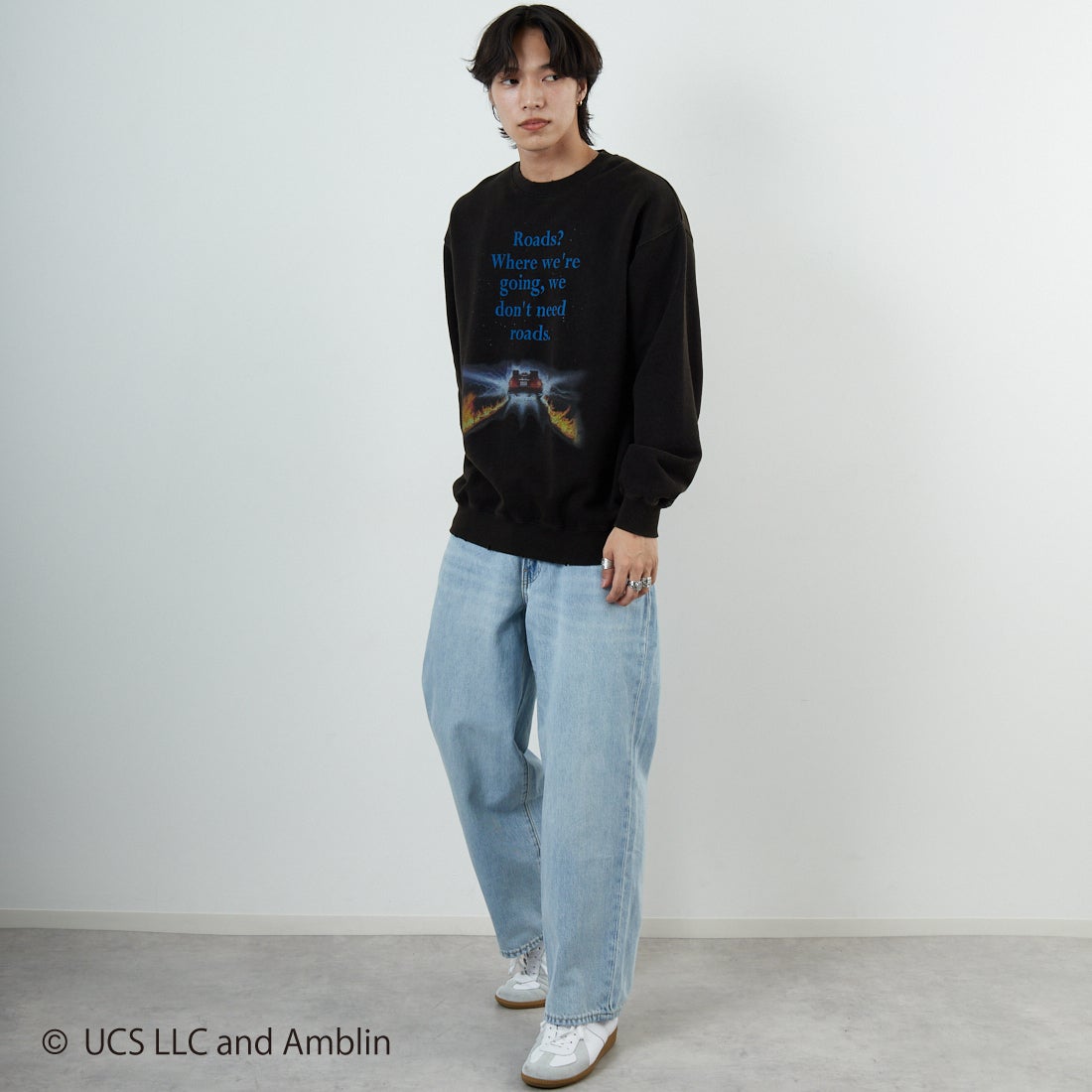 Jeans Factory Clothes [ジーンズファクトリークローズ] ムービーダメージスウェット / BACK TO THE FUTURE [JFC-254-092] BTTF &&モデル身長：179cm 着用サイズ：L&&