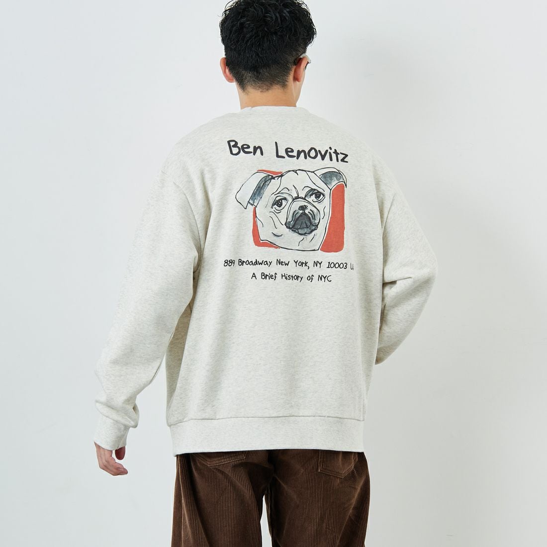 Ben Lenovitz [ベン レノビッツ] 別注 ドッグバックプリントスウェット [BL25F-001IN-JF] OATMEAL &&モデル身長：168cm 着用サイズ：L&&