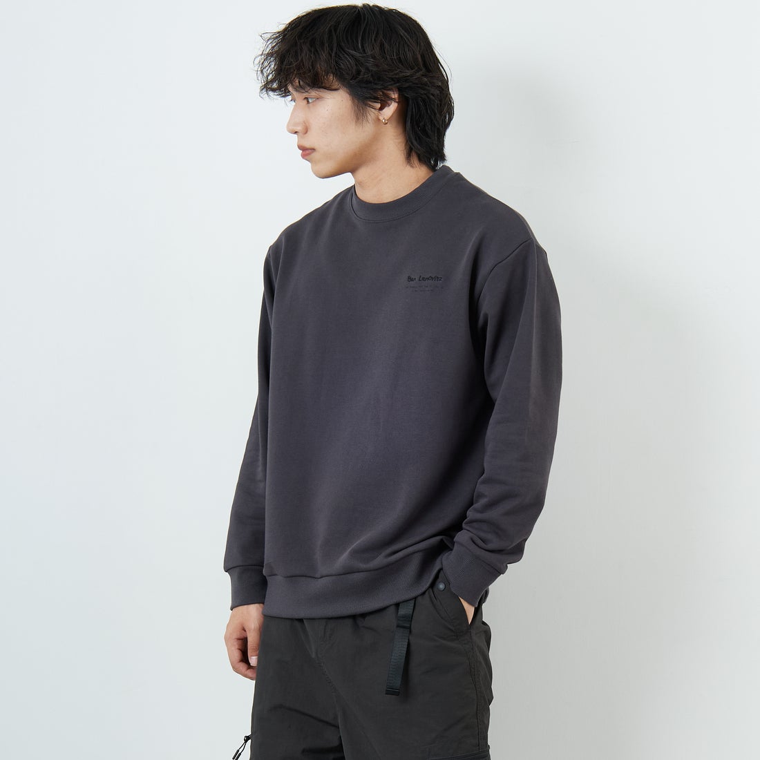 Ben Lenovitz [ベン レノビッツ] 別注 ドッグバックプリントスウェット [BL25F-003IN-JF] CHARCOAL &&モデル身長：179cm 着用サイズ：M&&