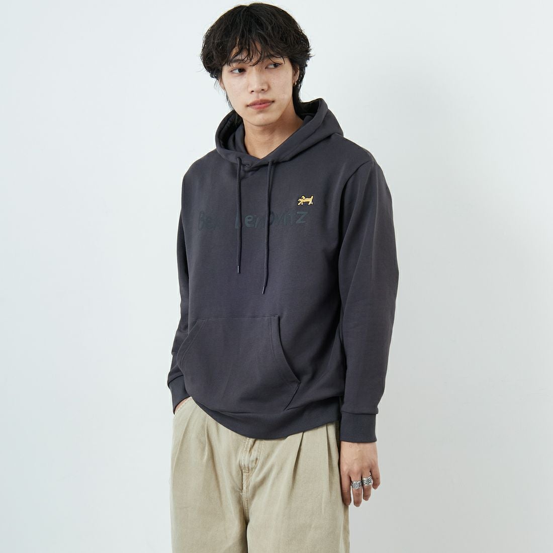 Ben Lenovitz [ベン レノビッツ] 別注 ドッグプリントスウェットパーカー [BL25F-005IN-JF] CHARCOAL &&モデル身長：179cm 着用サイズ：M&&