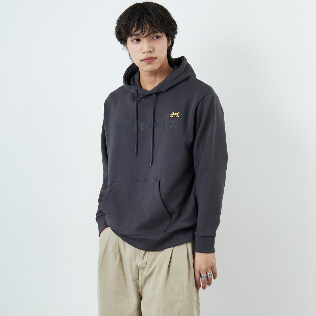 Ben Lenovitz [ベン レノビッツ] 別注 ドッグプリントスウェットパーカー [BL25F-005IN-JF] CHARCOAL &&モデル身長：179cm 着用サイズ：M&&