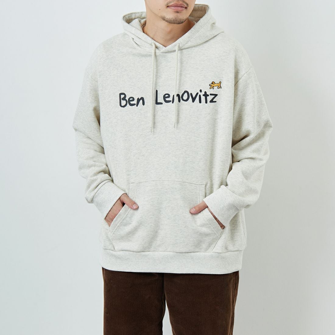 Ben Lenovitz [ベン レノビッツ] 別注 ドッグプリントスウェットパーカー [BL25F-005IN-JF] OATMEAL &&モデル身長：168cm 着用サイズ：L&&