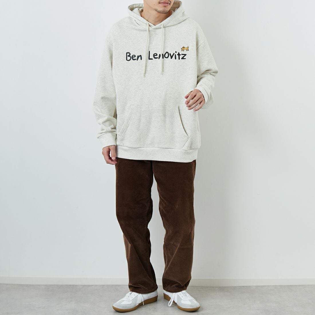Ben Lenovitz [ベン レノビッツ] 別注 ドッグプリントスウェットパーカー [BL25F-005IN-JF] OATMEAL &&モデル身長：168cm 着用サイズ：L&&