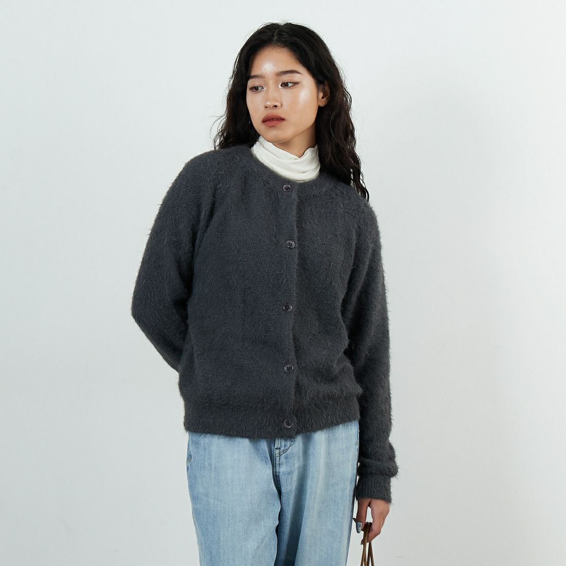 Jf Ready Made [ジェイエフレディメイド] フェザーヤーン2WAYカーディガン [3107206] 802 ﾁｬｺｰﾙ &&モデル身長：162cm 着用サイズ：F&&