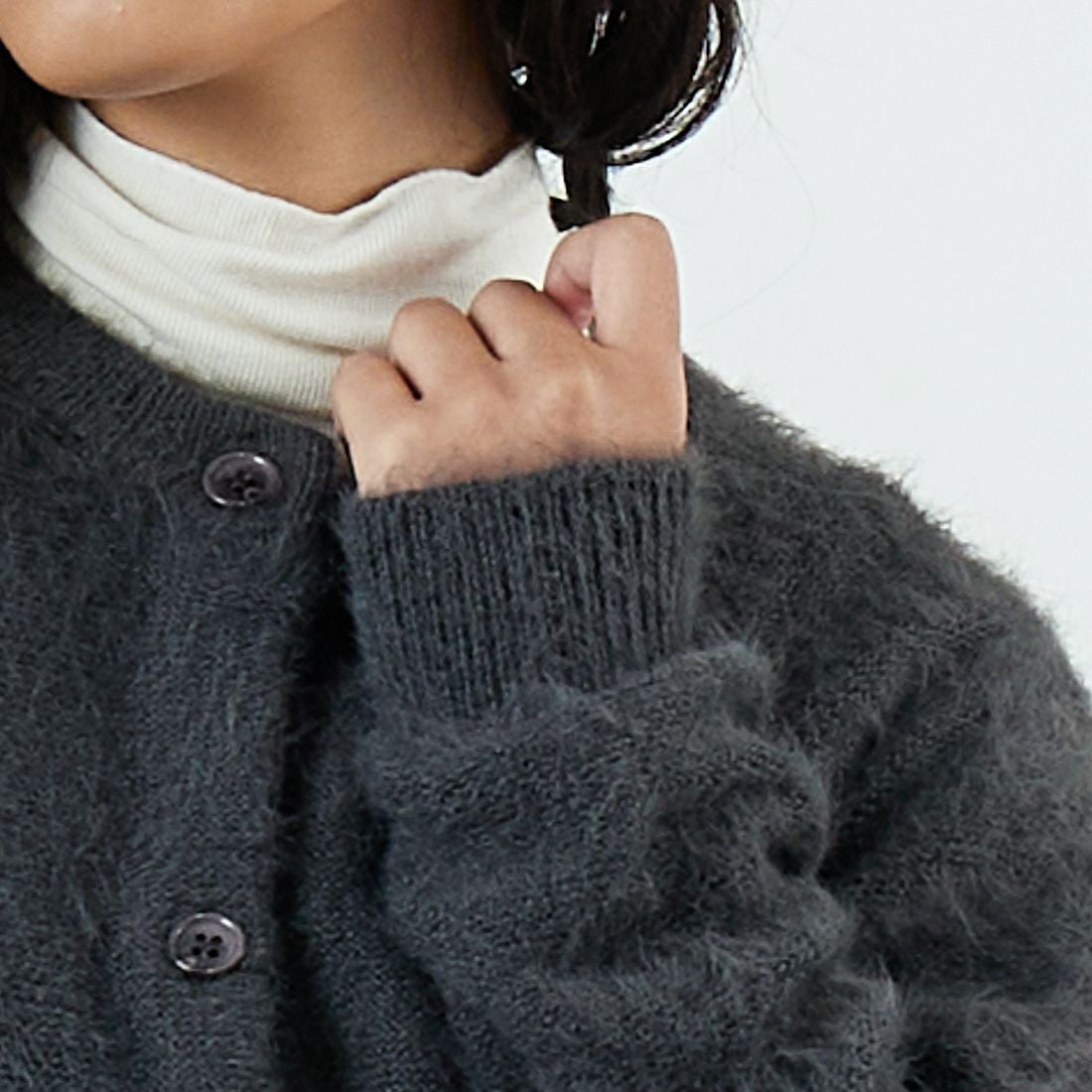 Jf Ready Made [ジェイエフレディメイド] フェザーヤーン2WAYカーディガン [3107206] 802 ﾁｬｺｰﾙ &&モデル身長：162cm 着用サイズ：F&&