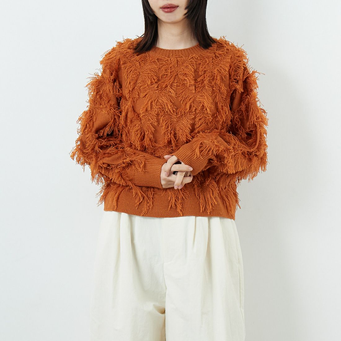 Jf Ready Made [ジェイエフレディメイド] フリンジ編みニットプルオーバー [3107205] 204 Dｵﾚﾝｼﾞ &&モデル身長：162cm 着用サイズ：F&&