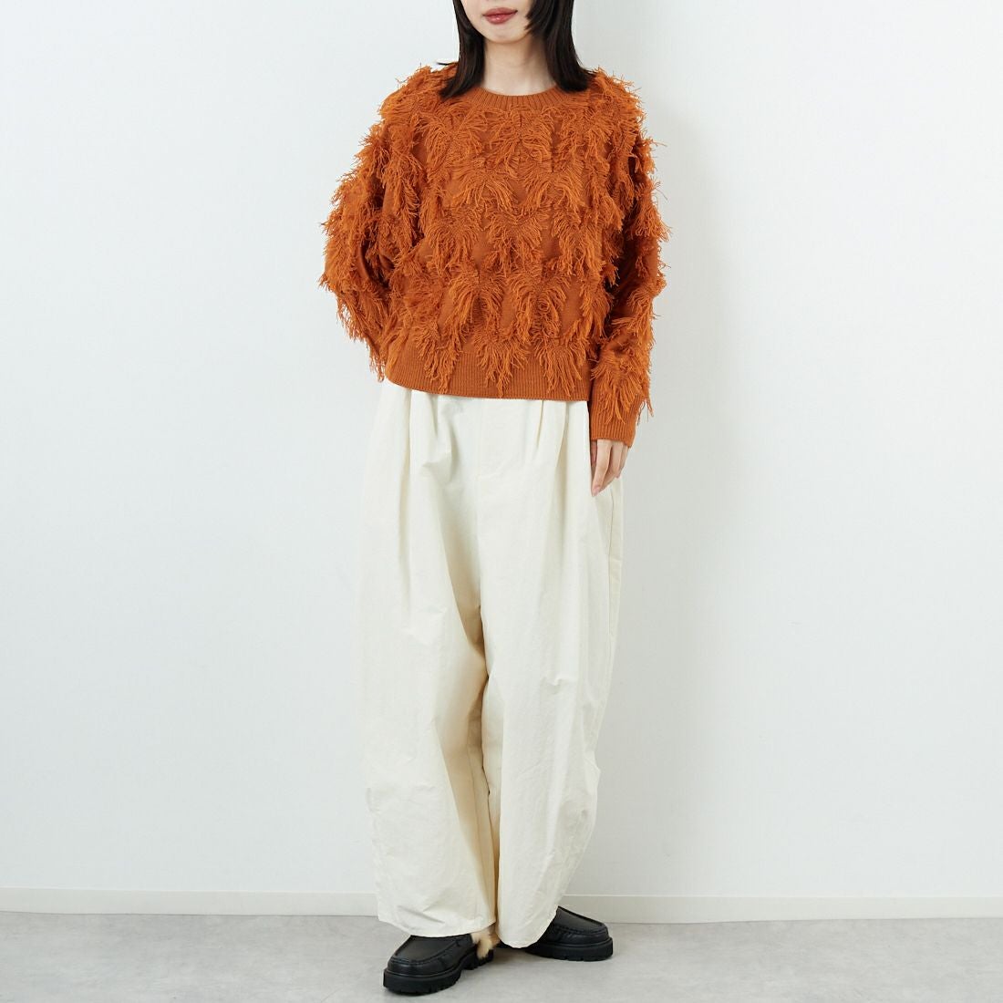 Jf Ready Made [ジェイエフレディメイド] フリンジ編みニットプルオーバー [3107205] 204 Dｵﾚﾝｼﾞ &&モデル身長：162cm 着用サイズ：F&&