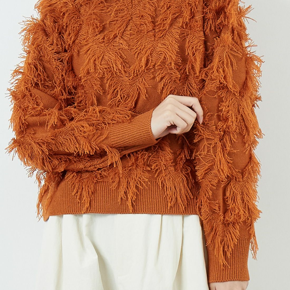 Jf Ready Made [ジェイエフレディメイド] フリンジ編みニットプルオーバー [3107205] 204 Dｵﾚﾝｼﾞ &&モデル身長：162cm 着用サイズ：F&&