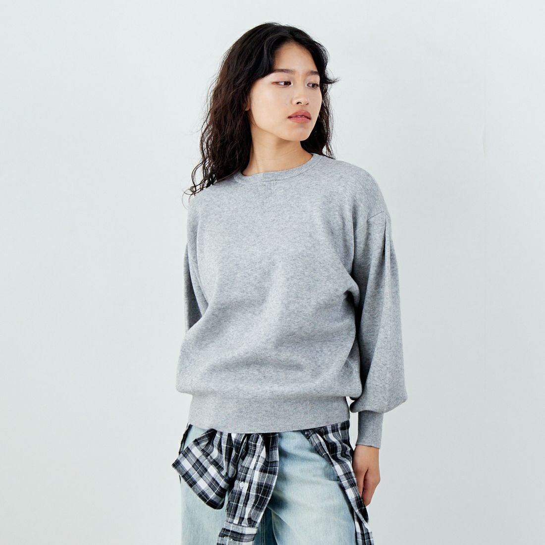 Jf Ready Made [ジェイエフレディメイド] スウェットデザイン総針ニットプルオーバー [3107201] 821 ﾓｸｸﾞﾚｰ &&モデル身長：162cm 着用サイズ：F&&