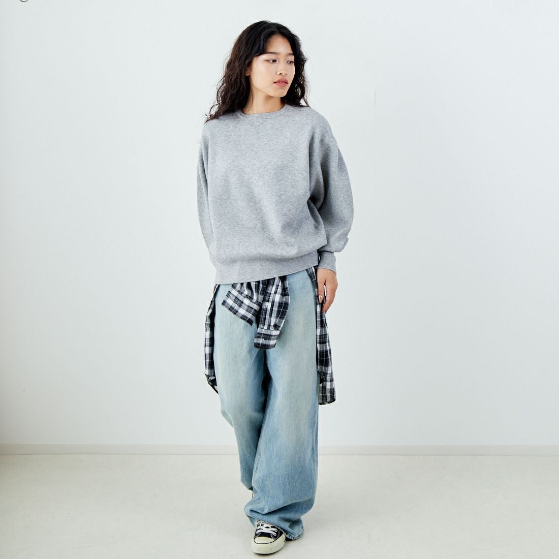 Jf Ready Made [ジェイエフレディメイド] スウェットデザイン総針ニットプルオーバー [3107201] 821 ﾓｸｸﾞﾚｰ &&モデル身長：162cm 着用サイズ：F&&