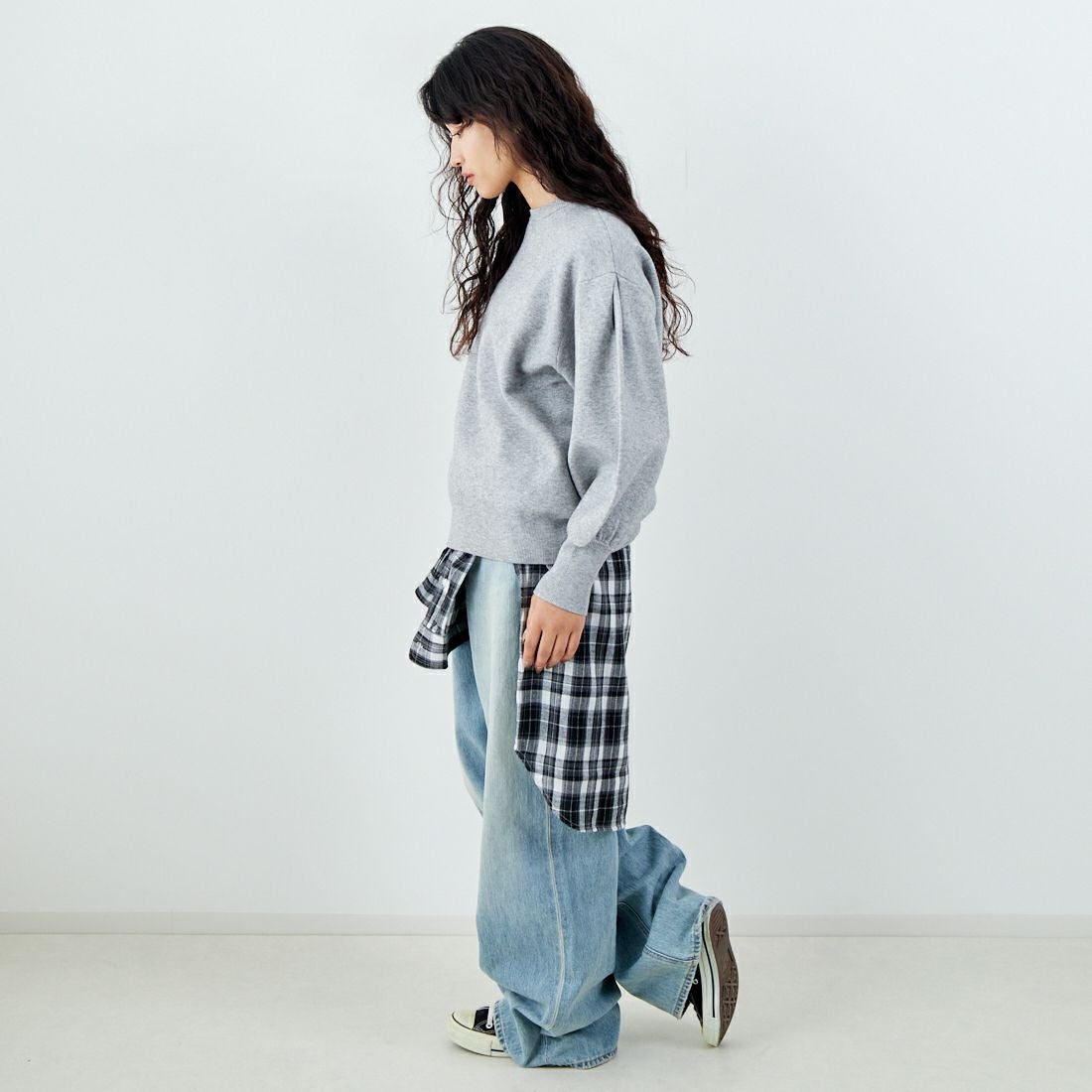 Jf Ready Made [ジェイエフレディメイド] スウェットデザイン総針ニットプルオーバー [3107201] 821 ﾓｸｸﾞﾚｰ &&モデル身長：162cm 着用サイズ：F&&