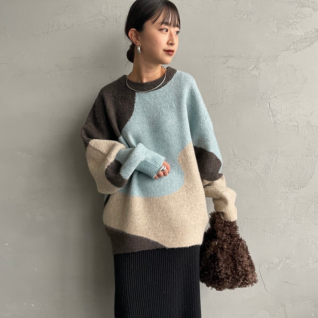 Maison de L'allure [メゾン ドゥ ラリュール] シャギージャガードニット [M25131040] 28 BROWN &&モデル身長：150cm 着用サイズ：F&&