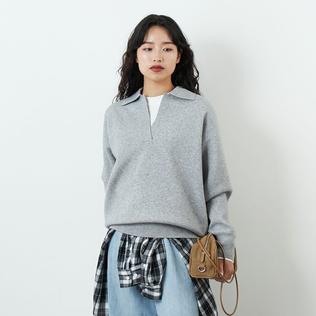 Jf Ready Made [ジェイエフレディメイド] 総針ニット襟付きプルオーバー [3107202] 821 ﾓｸｸﾞﾚｰ &&モデル身長：162cm 着用サイズ：F&&