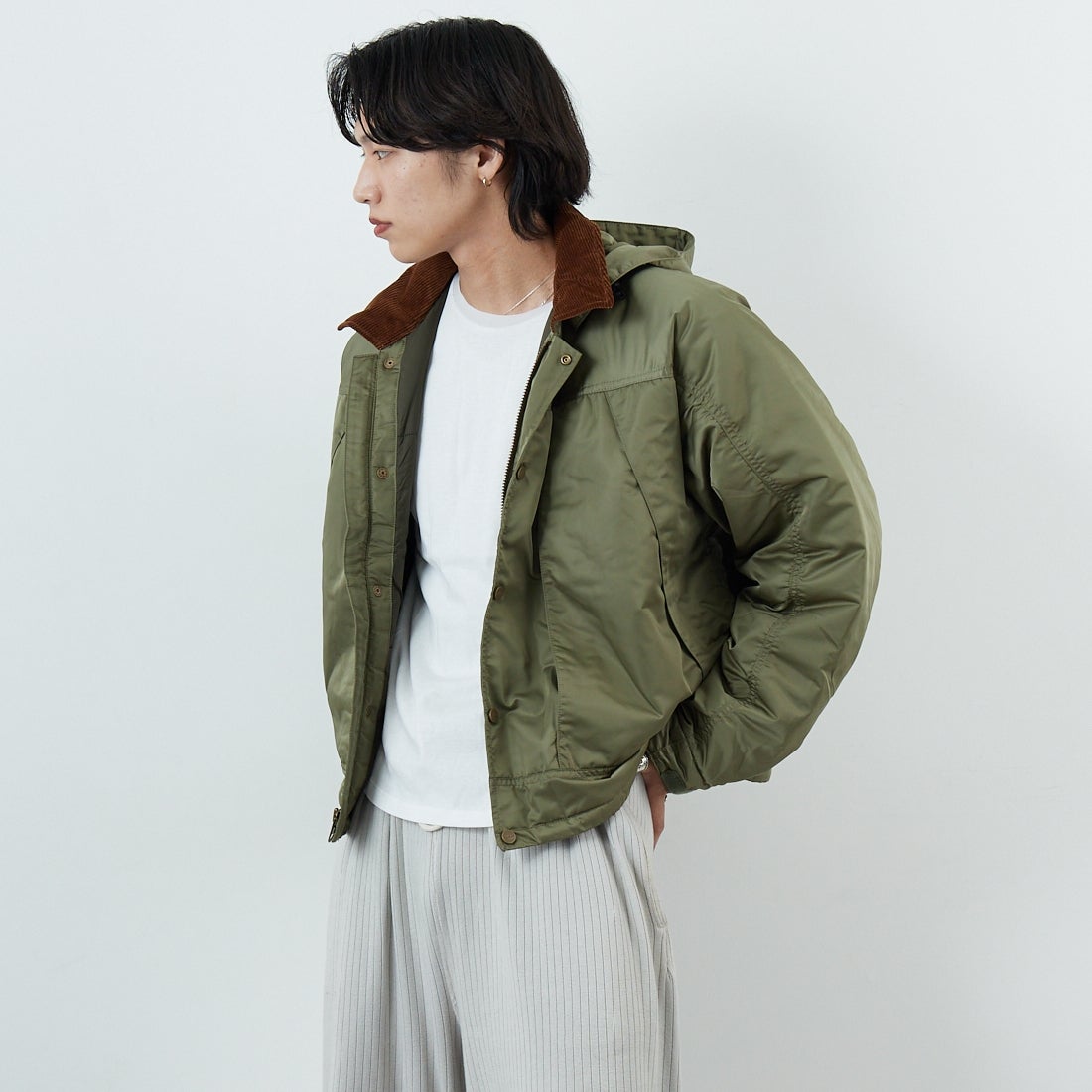 WOOLRICH [ウールリッチ] ハイカウントサテン フィッシングジャケット タイプ2 [WJOU2018] OLIVE &&モデル身長：179cm 着用サイズ：M&&