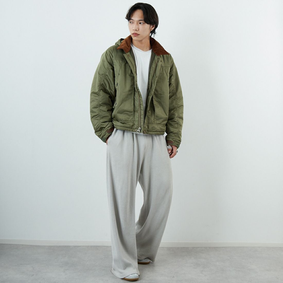 WOOLRICH [ウールリッチ] ハイカウントサテン フィッシングジャケット タイプ2 [WJOU2018] OLIVE &&モデル身長：179cm 着用サイズ：M&&
