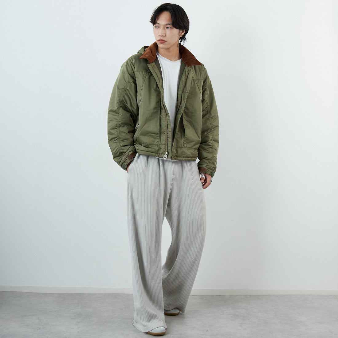 WOOLRICH [ウールリッチ] ハイカウントサテン フィッシングジャケット タイプ2 [WJOU2018] OLIVE &&モデル身長：179cm 着用サイズ：M&&