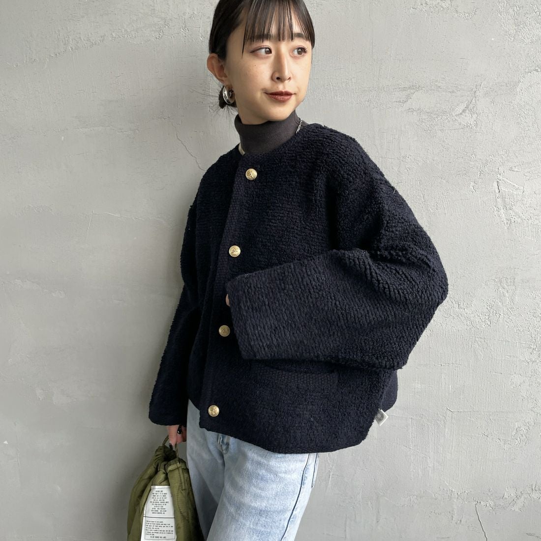 ORCIVAL [オーシバル] ブークレカーディガン [OR-D0127KBT] NAVY &&モデル身長：150cm 着用サイズ：1&&