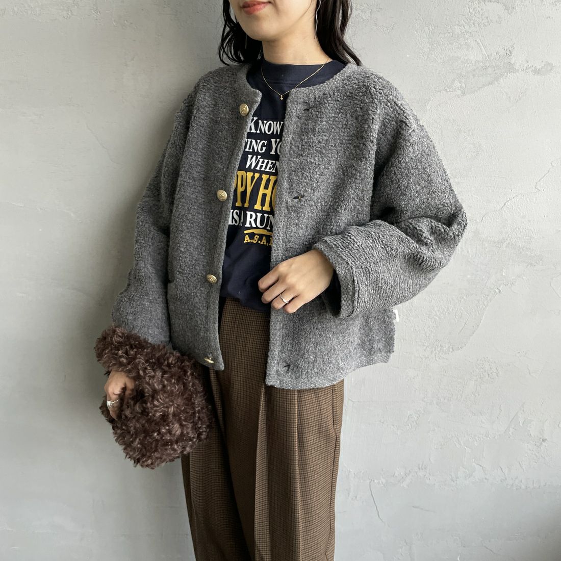 ORCIVAL [オーシバル] ブークレカーディガン [OR-D0127KBT] GREY &&モデル身長：160cm 着用サイズ：1&&