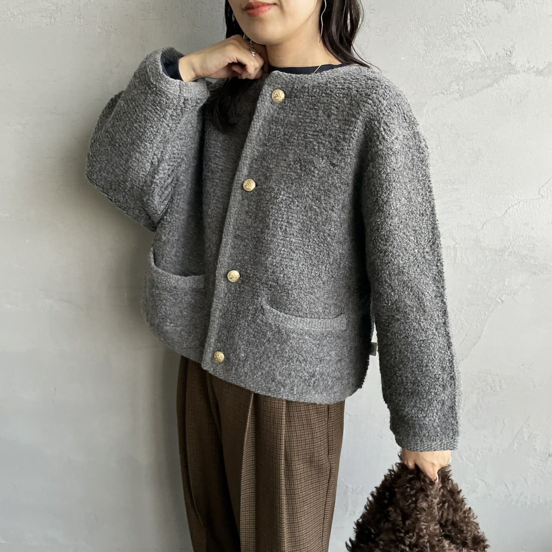 ORCIVAL [オーシバル] ブークレカーディガン [OR-D0127KBT] GREY &&モデル身長：160cm 着用サイズ：1&&